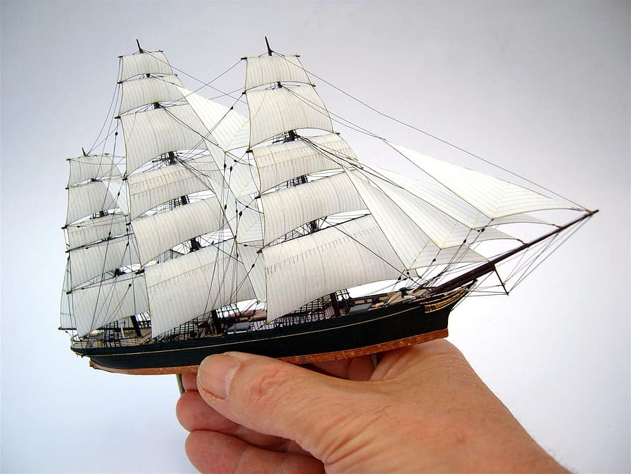 person, holding, white, black, galleon ship, Miniature, Sailing, Ship, Ship, Model, Hand, sailing