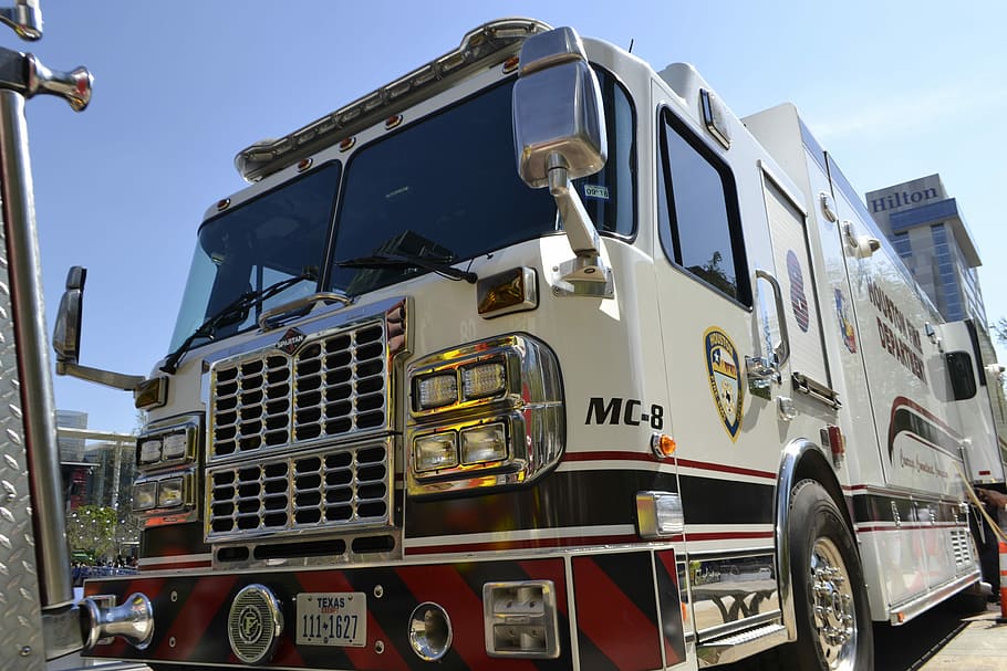white, mc8, mc 8 trailer truck, blue, sky, houston fire department, fire truck, white fire truck, transportation system, truck