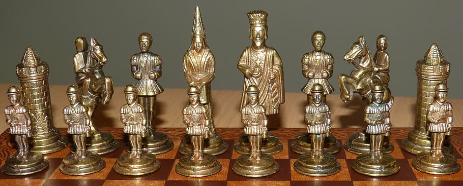 brass-colored chessboard piece, set, chess pieces, chess, chess game, playing field, strategy, gold colored, human representation, metal