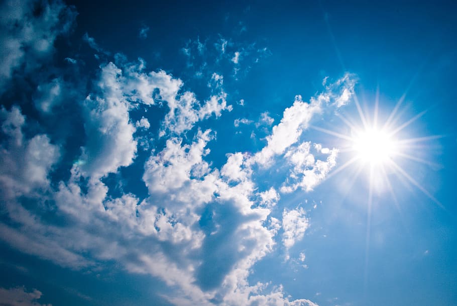 person, showing, blue, sky, daytime, blue sky, sun, cloud, cloudy, sunbeam