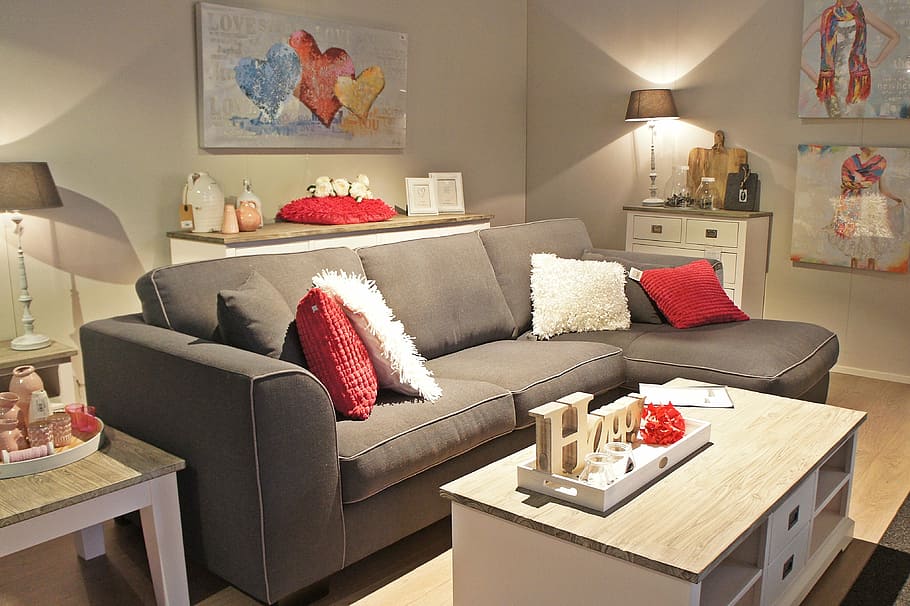 gris, sofá de tela de 3 asientos, 3 asientos, muebles, banco, ambiente, sala de estar, habitación doméstica, interiores, interior del hogar