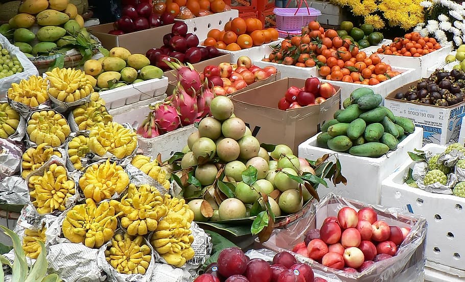 assorted fruits, viet nam, market, grapefruit, pittaya, mango, chaillotte, guava, fruit, exotic fruits
