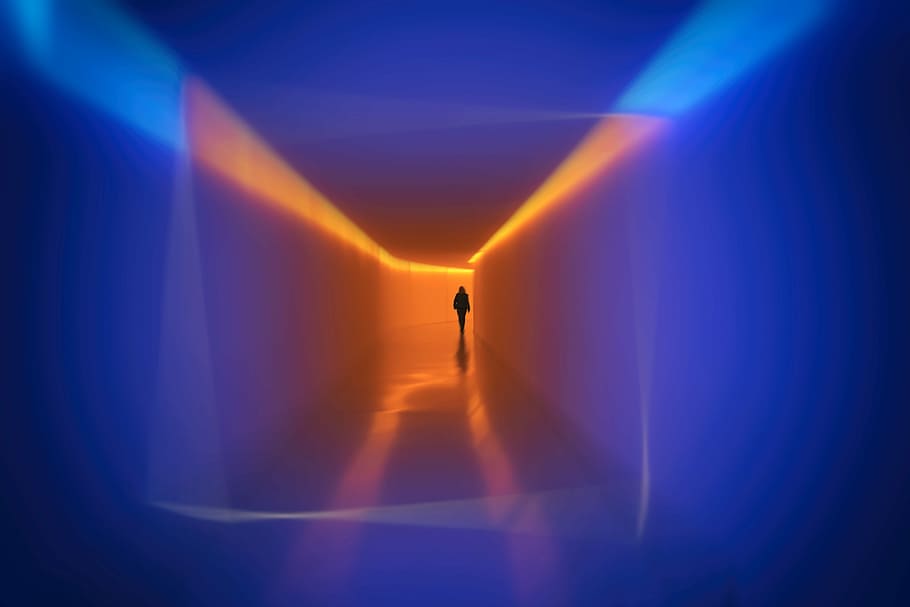 persona, para caminar, túnel, naranja, azul, ligero, digital, papel pintado, luces, camino