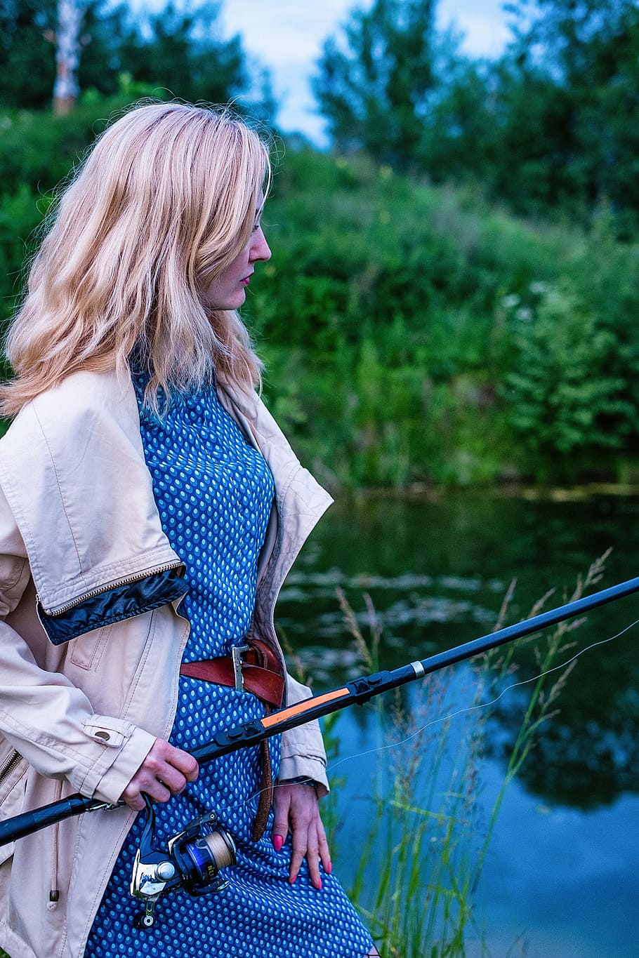 girl, fishing, rod, pond, float, summer, greens, vacation, hobby, women