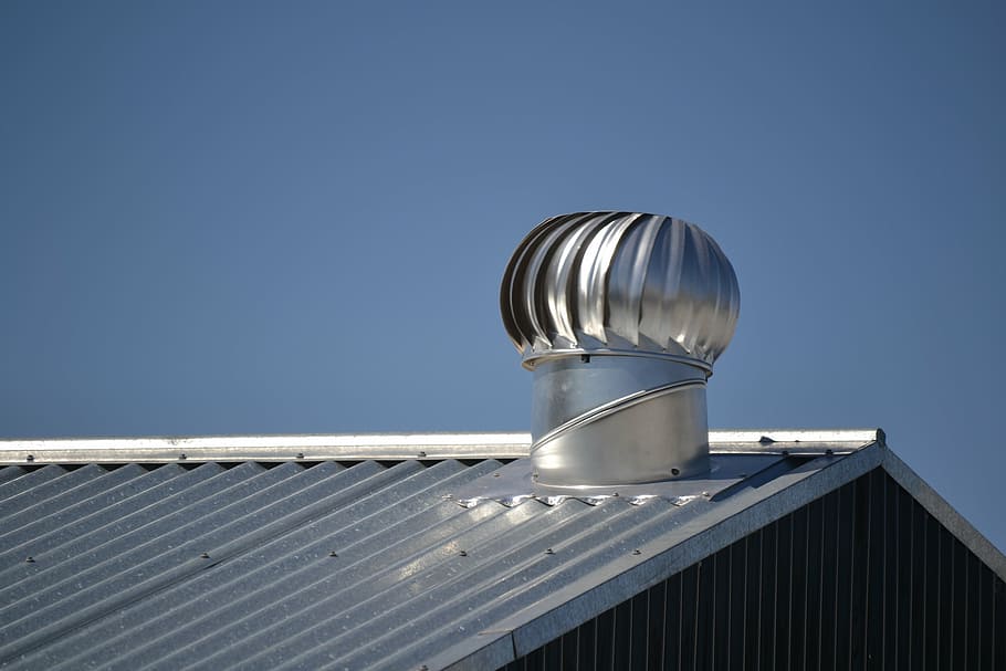 silver roof turbine, roof, metal roof, tin roof, roofing, vent, metal vent, tin vent, sky, blue