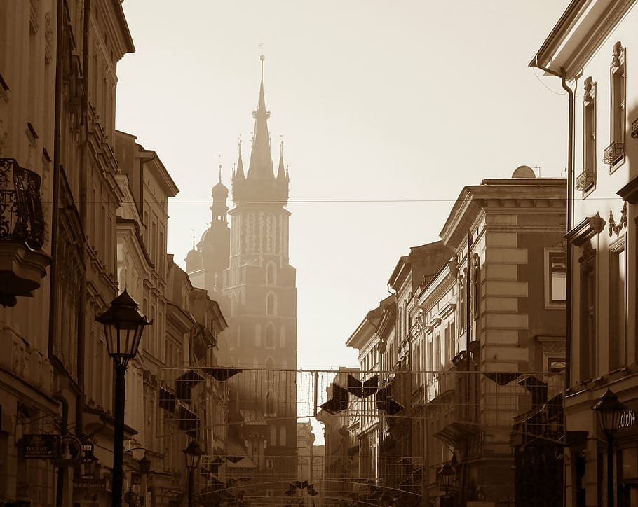 kota di siang hari, krakow, menghadap ke marienkirche, gereja st mary, jalan florianska, kota tua, foto lama, kota, arsitektur, struktur