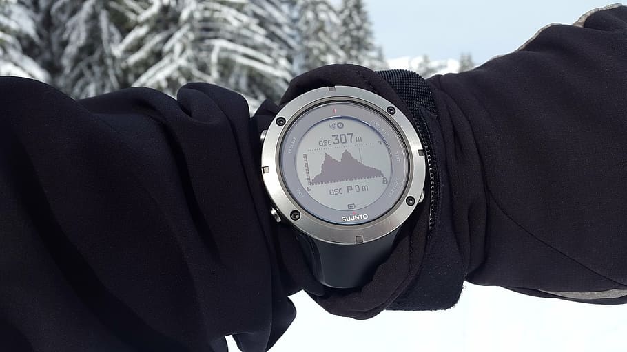 person, showing, round, gray, watch, gps, navigation, height, elevation profile, measurement