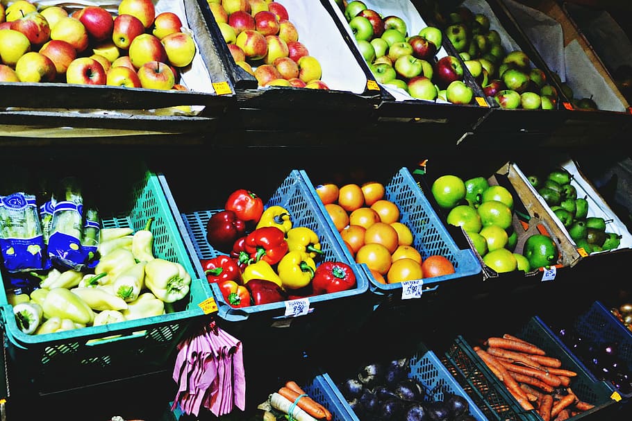 разновидности фруктов, закрыть, фото, овощи, фрукты, корзины, рынок, еда, перец, яблоки