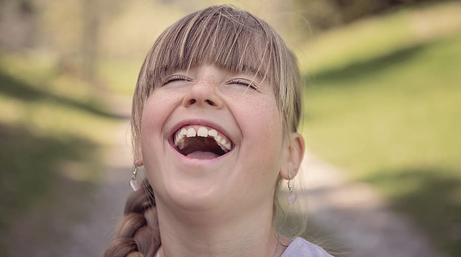 woman, wearing, white, shirt, person, human, child, girl, face, laugh