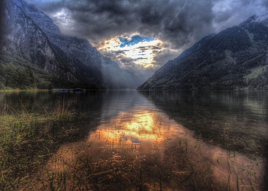 Epic, Klöntal, body of water, reflection, cloudy, sky, mountain, scenics - nature, water, beauty in nature