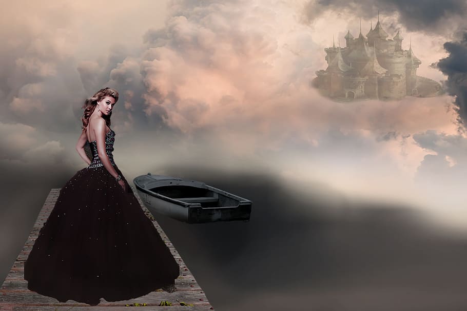 woman, wearing, black, backless tube dress, standing, dock, fantasy picture, castle, bridge, boot