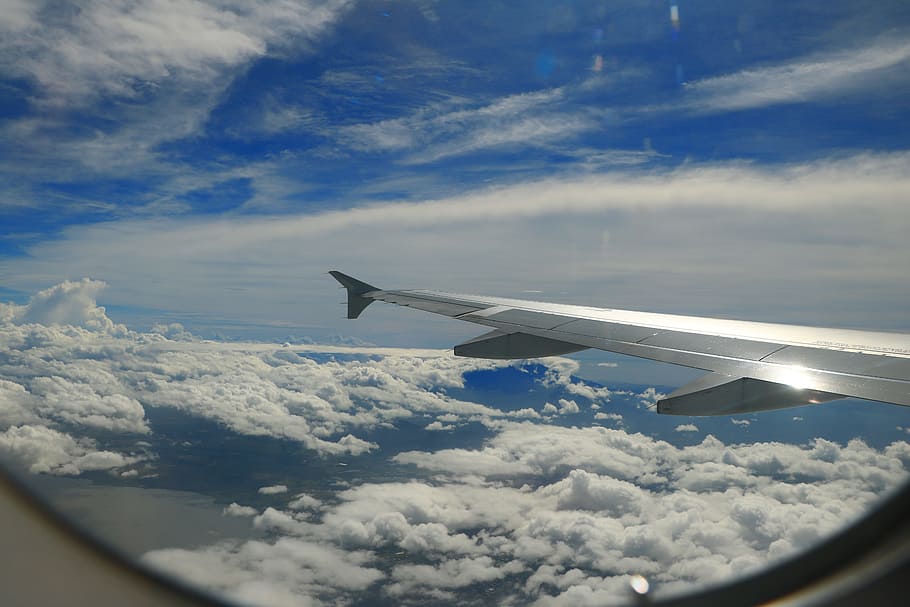 Aeronaves, céu azul, nuvem branca, avião, ing, céu, nuvem, vista, transporte, voando