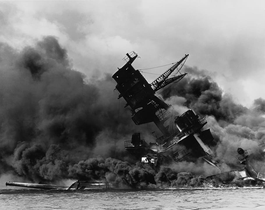grayscale photography, destroyed, ship, smoke, pearl harbor, warship, sink, sunk, taken, war