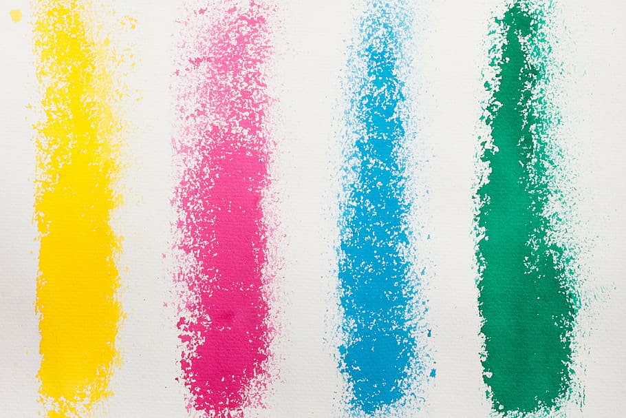 four assorted-color surface, watercolour, painting technique, soluble in water, not opaque, color, color sketch, yellow, pink, blue