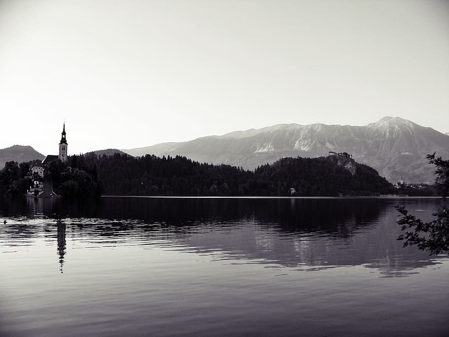 lake, lake bled, the gorenjska region, karawanken, slovenia, jumbo, alpine hiking, trekking, black photography, b w
