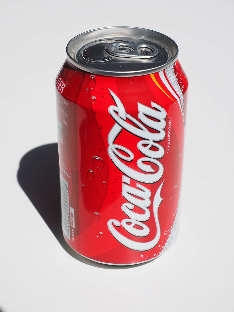 red, white, box, cola dose, cola, drink, brand, erfrischungsgetränk, coca cola, tin can