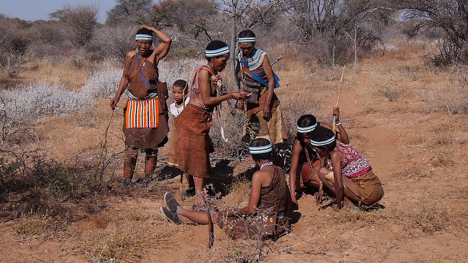 botswana, bushman, group, collect, indigenous culture, tradition, group of people, full length, clothing, hat