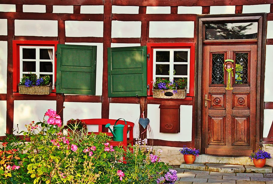 pink, purple, flowers, white, house, brown, wooden, door, fachwerkhaus, house facade