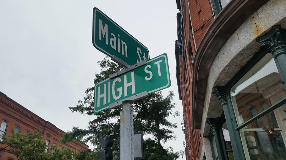 main, st., high, street sign, gray, sky, daytime, street, corner, intersection