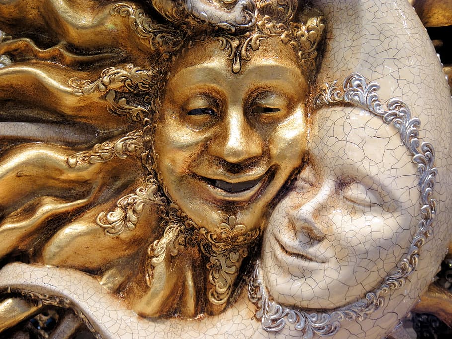 matahari, patung setengah bulan, topeng, emas, Venesia, karnaval, wajah, seni dan kerajinan, representasi manusia, patung