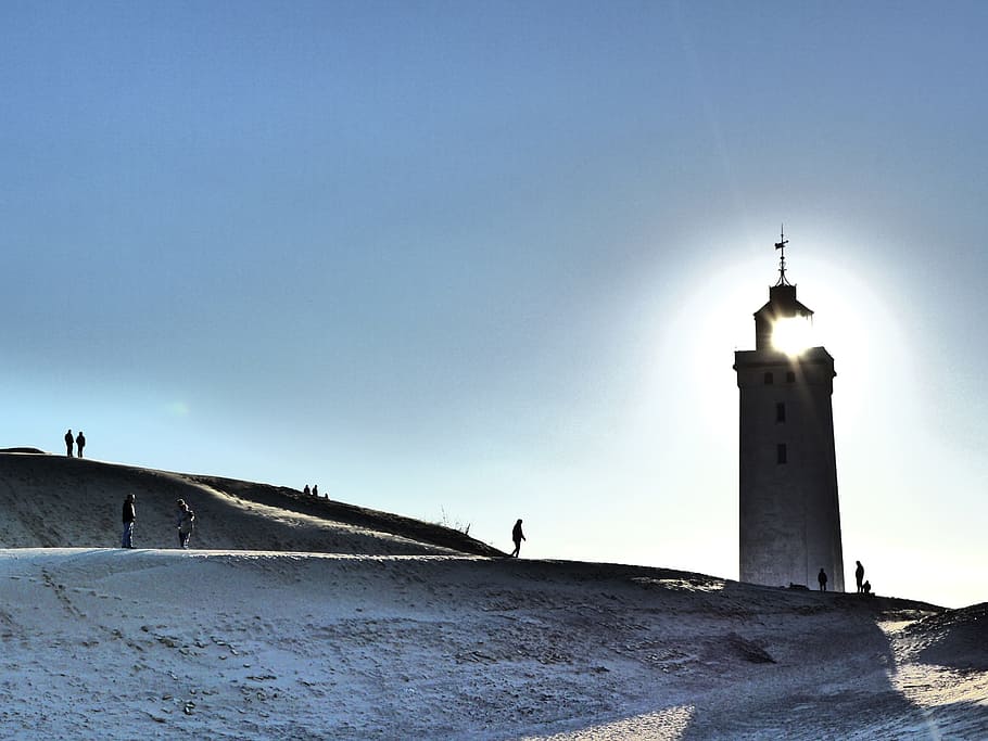 Lighthouse, Lønstrup, Denmark, Light, sand, tower, footsteps, desert, landscape, dune