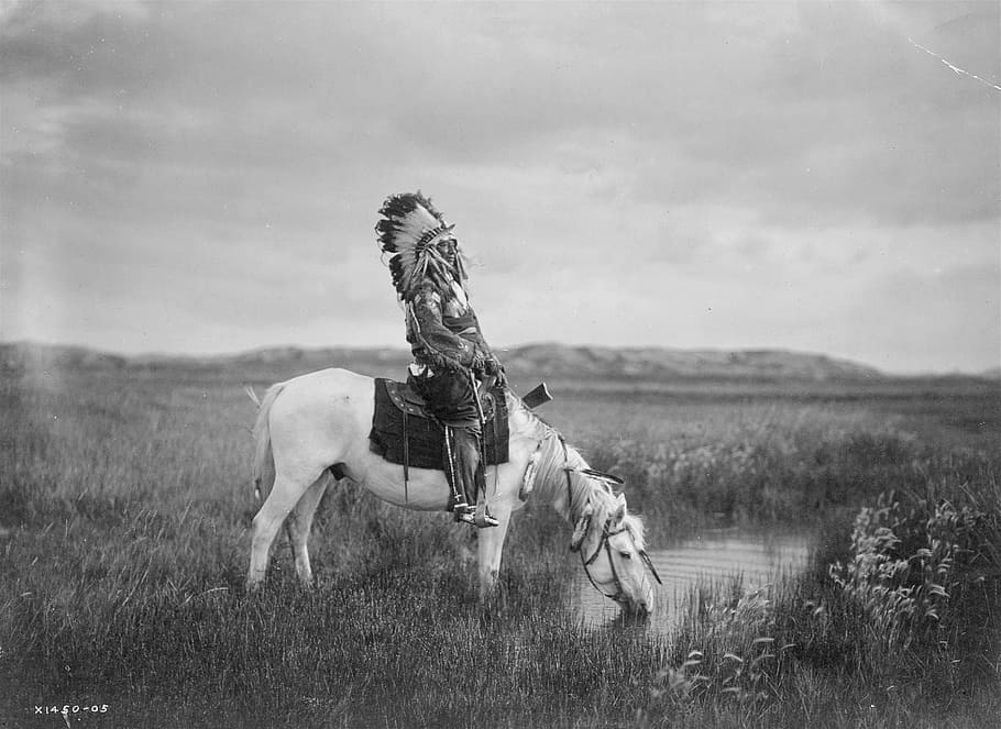 grayscale photography, native, american ride-on horse, grass field, native american, riding, horse, historical, vintage, sioux