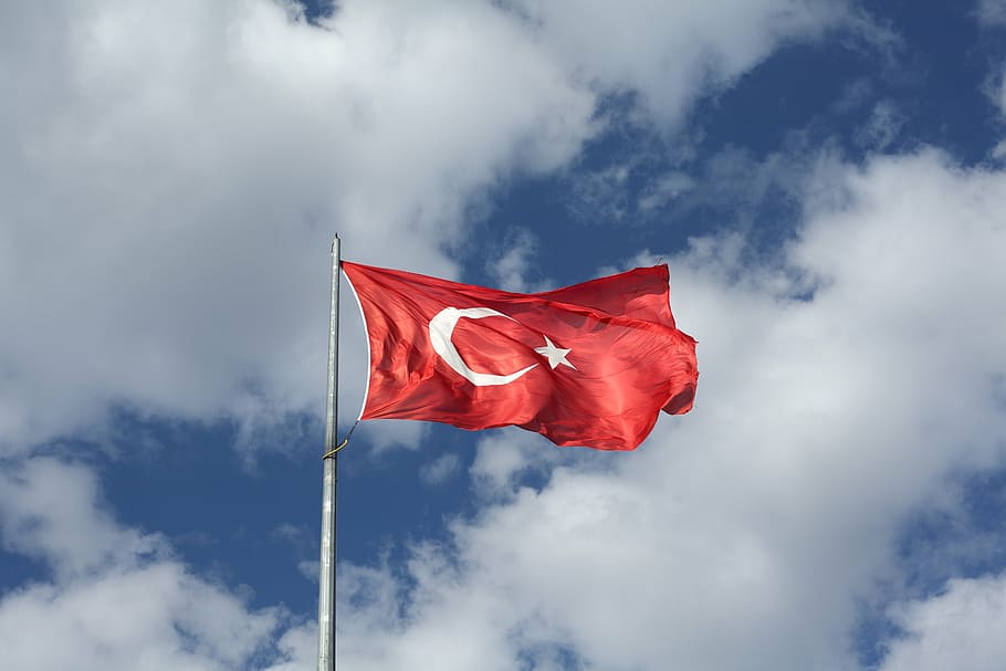 flag, turkey, flag pole, turkish, red, blue, sky, wind, cloud, atatürk
