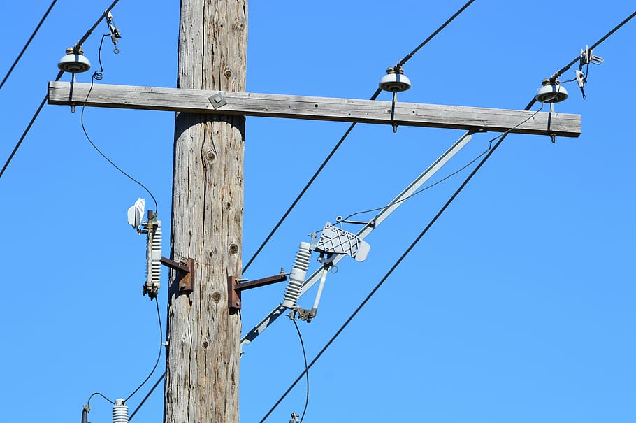 gray, wooden, electric, post, blue, sky, daytimne, telephone pole, utility, electricity