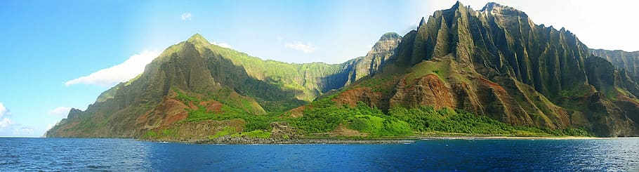 body, water, mountain, daytime, panorama, kauai, hawaiian islands, peaks, green, ocean