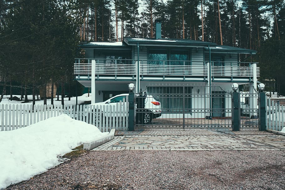 house, home, structure, infrastructure, modernization, gate, steel, trees, woods, car
