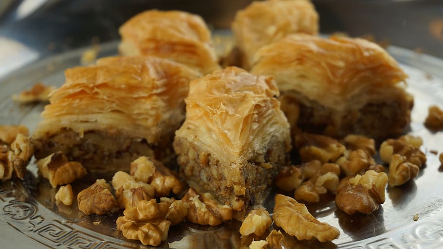 walnut baklava, oriental kitchen, sweet pastries, food, food and drink, freshness, indoors, close-up, ready-to-eat, plate