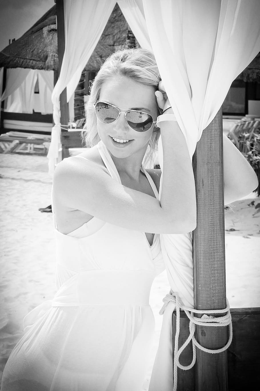 girl, model, smiling, smile, happy, pretty, beautiful, beach, cabana, sunglasses