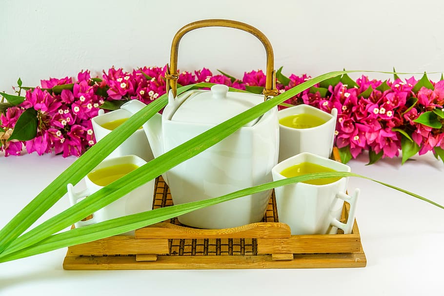 white, ceramic, 5-piece, 5- piece tea, set, placed, beige, wooden, tray, teapot
