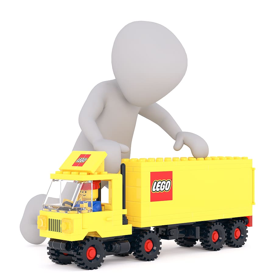 yellow, lego plastric truck toy, Lego, truck, toy, toys, play, truck driver, professions, white male