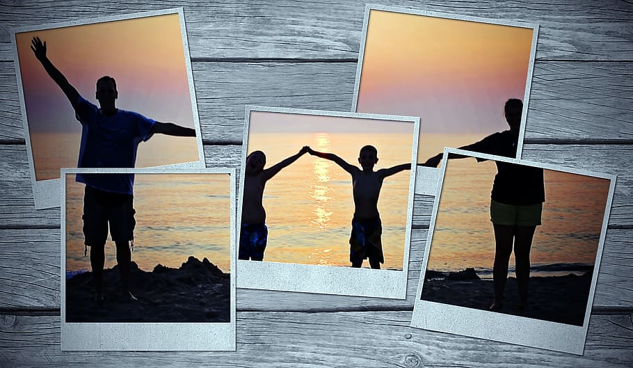 silhouette, family, holding, hands, body, water, golden, hour collage photo, picture frame, sunset