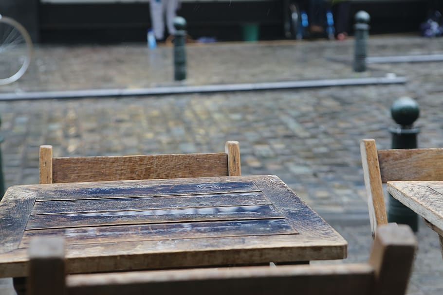 wood, tables, chairs, posts, cobblestone, wood - material, selective focus, seat, day, table