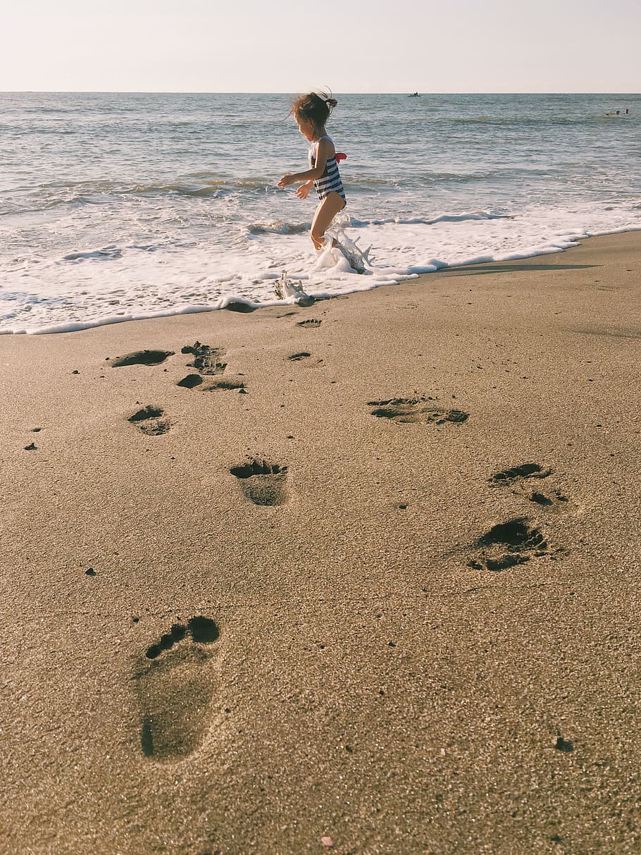 beach, child, ocean, travel, footprints, sea, land, water, sand, one person