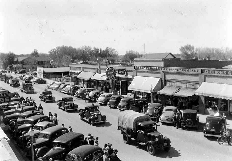 vehicles, civilian, conservation corps, Parade, Civilian Conservation Corps, Lovell Wyoming, cars, public domain, streets, vintage