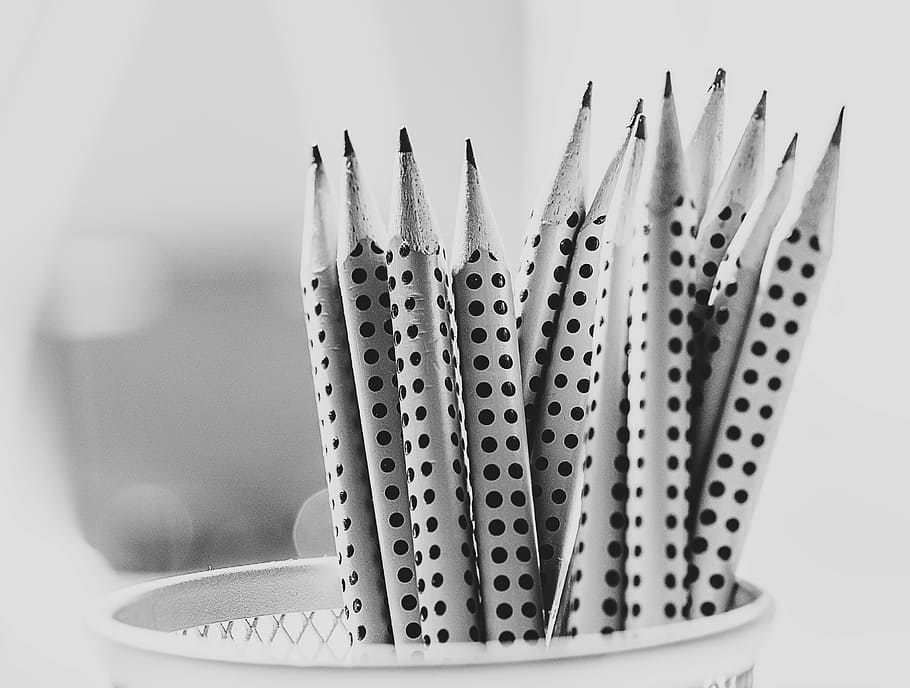grayscale photography, pencils, inside, tray, drawing, art, design, creative, black and white, indoors