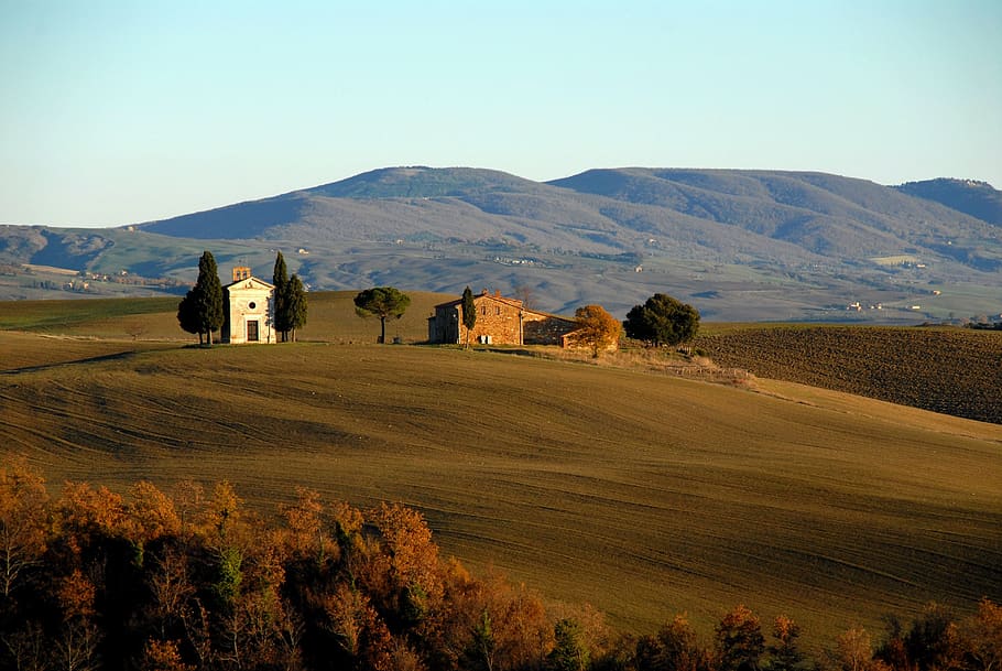 tuscany, alam, pemandangan, bukit, rumah, lapangan, pohon, musim gugur, kampanye, pedesaan