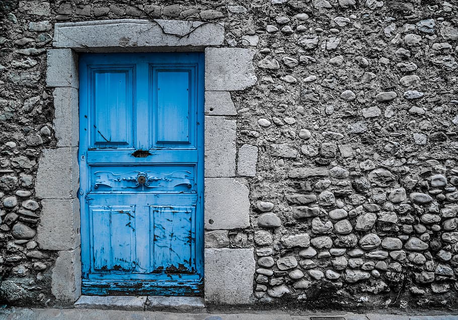 blue, wooden, 4-panel, 4- panel door, close, blue door, old, vintage, paint, street