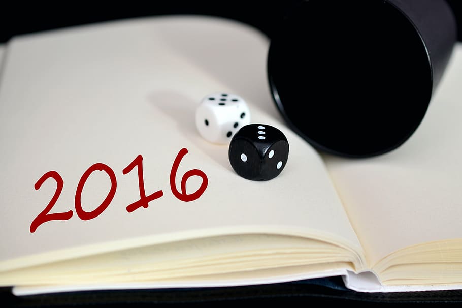 black, white, dices, forecast, year, luck, forward, roll the dice, 2016, time