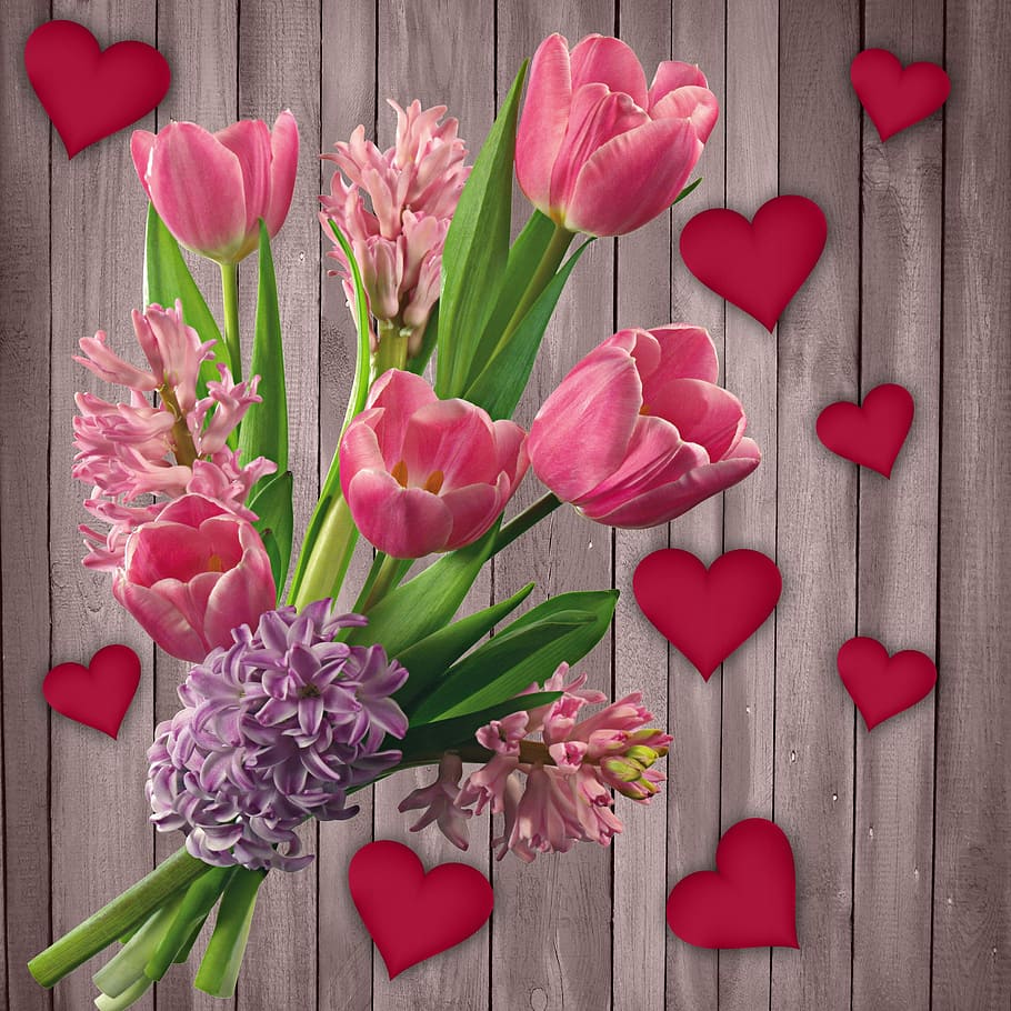 tulipanes rosados, tulipán, ramo de flores, planta, floral, madera,  corazones, corazón, fondo, textura | Pxfuel