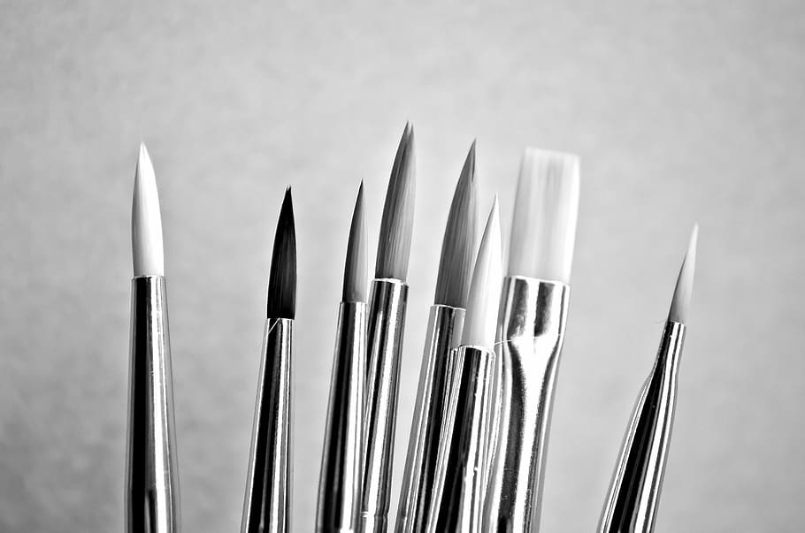 grayscale photograph, paint brushes, art, tool, background painter, paint, job, brush, hobbies, tools