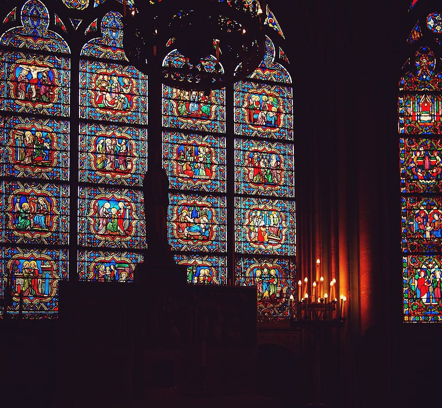 notre dame cathedral, paris, france, stained glass windows, candles, dark, religion, catholic, stained glass, glass