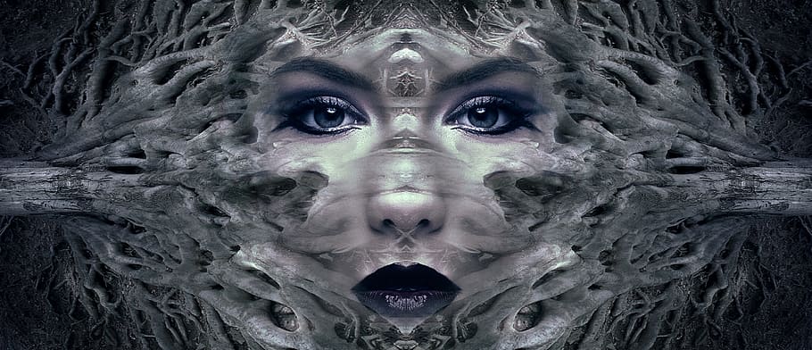 illusion photography, woman, face, fantasy, portrait, mystical, female, forest, gnarled, eyes