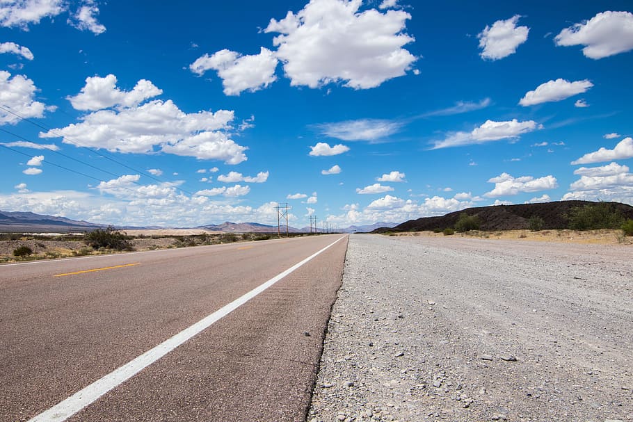 narrow, asphalt road, white, blue, sky, highway, usa, america, clouds, road