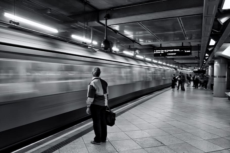 penumpang, menunggu, tiba, kereta api, platform, london, bawah tanah, jaringan kereta api, London Underground, orang