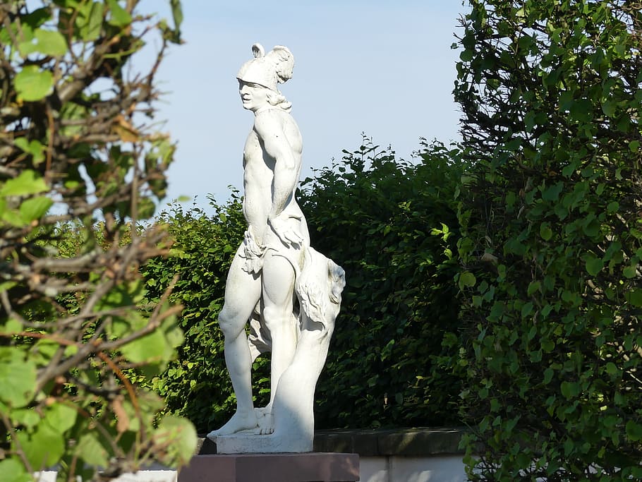 Hermes, estatua, dios, griego, Schwetzingen, escultura, mitología, schlossgarten, árbol, día