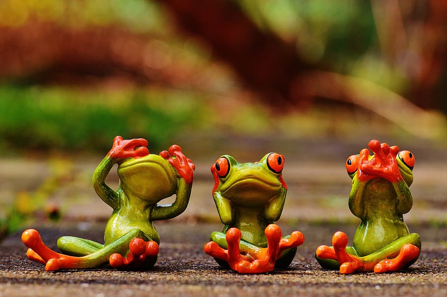 three green frogs, frogs, not see, not hear, do not speak, funny, cute, figures, fun, green